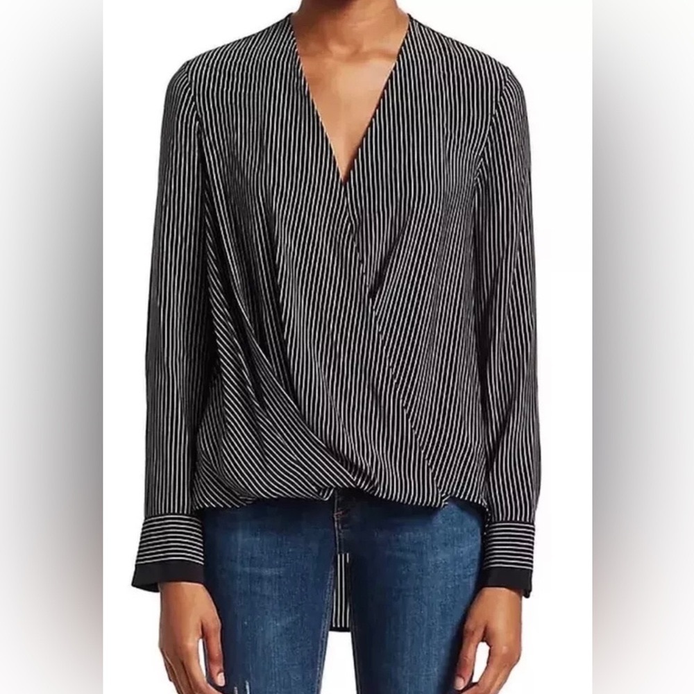 Rag & Bone Victor Silk Black White Striped 100% Silk Wrap Blouse Size Small